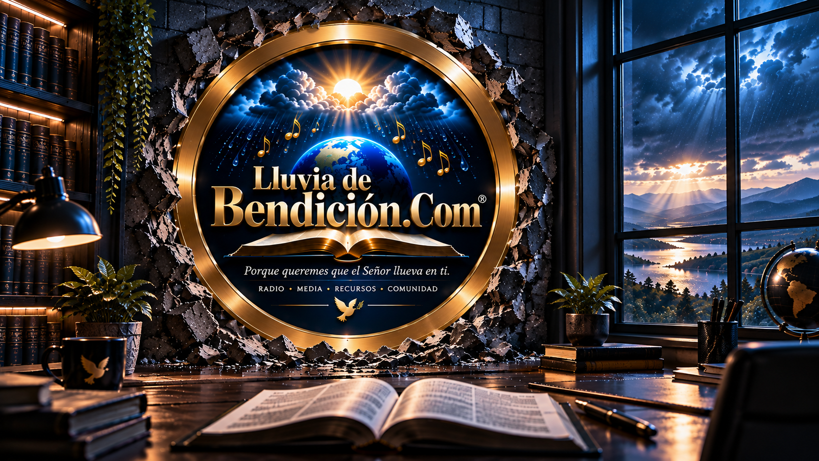 Logo oficial de Lluvia de Bendición emergiendo de una pared en una oficina con Biblia abierta y paisaje de tormenta